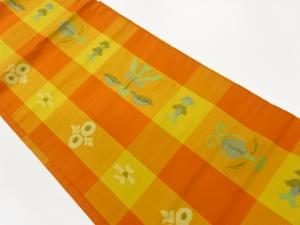 手織り紬格子に花模様織出し名古屋帯